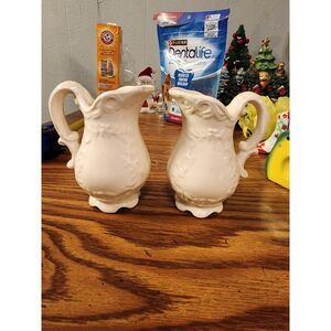 Vintage Napco Japan White Ceramic Handled Ornate Pitcher Salt and Pepper Shakers
